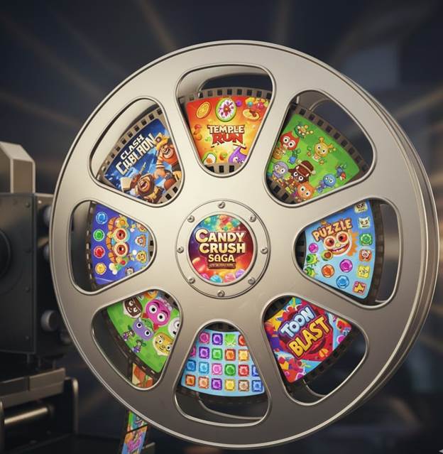 Candy Crush Saga and other mobile games on a film reel