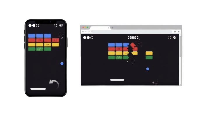 Brick breaker game played on smartphone and web browser with simple touch controls
