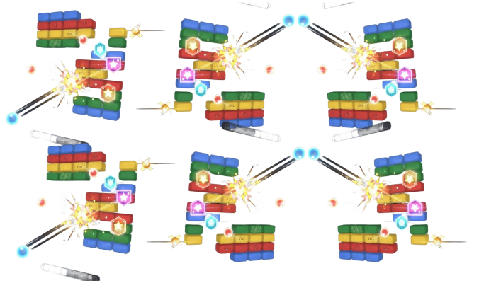 Google Brick Breaker gameplay showing colorful bricks breaking with power-ups and multiple balls