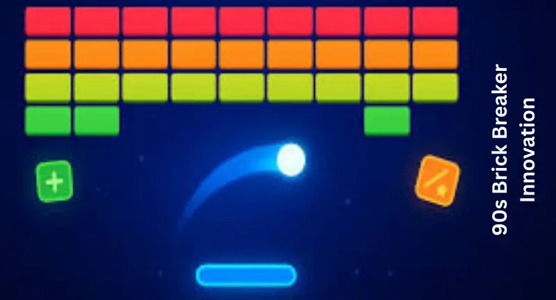 History of Block Breaker 4 Modern brick breaker game with a glowing paddle, bouncing ball, and colorful power up bricks