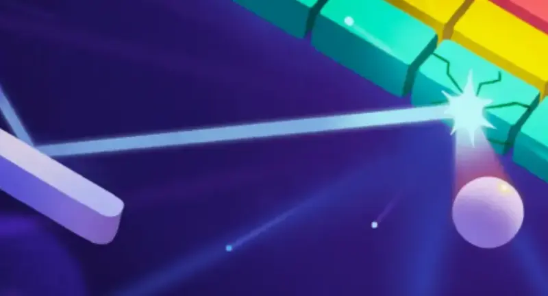 Block breaker arcade game with paddle bouncing a ball to smash colorful glowing bricks