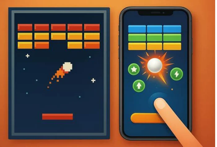How Block Breaker Games Influenced Modern Mobile Gaming 4 Player tapping mobile screen to play Block Breaker Game with colorful bricks