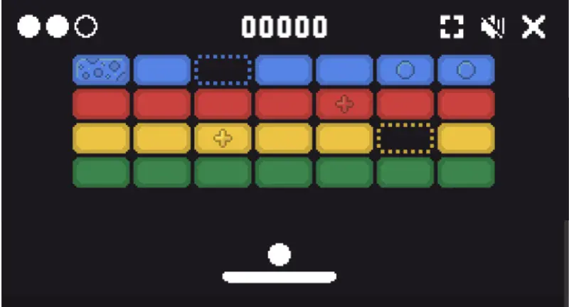 History of Block Breaker 5 Modern Google Block Breaker game with paddle, ball and rows of colorful power up bricks
